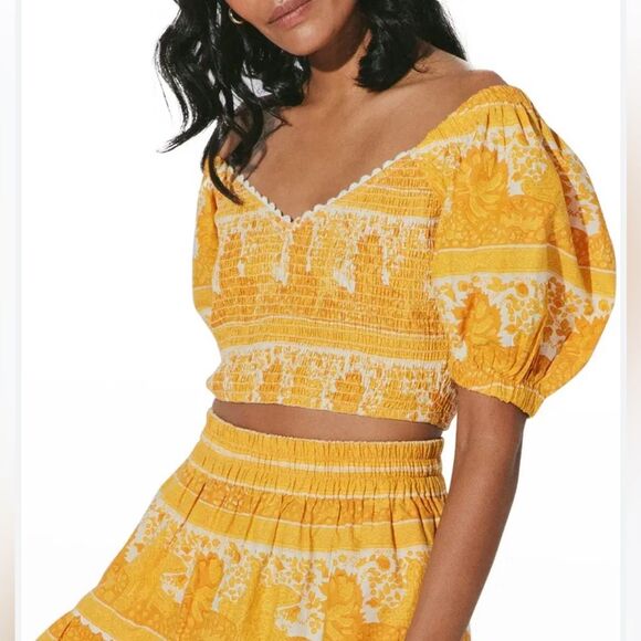 Cleobella Tops - CLEOBELLA Everly Yellow Smocked Puff Sleeve Crop Top